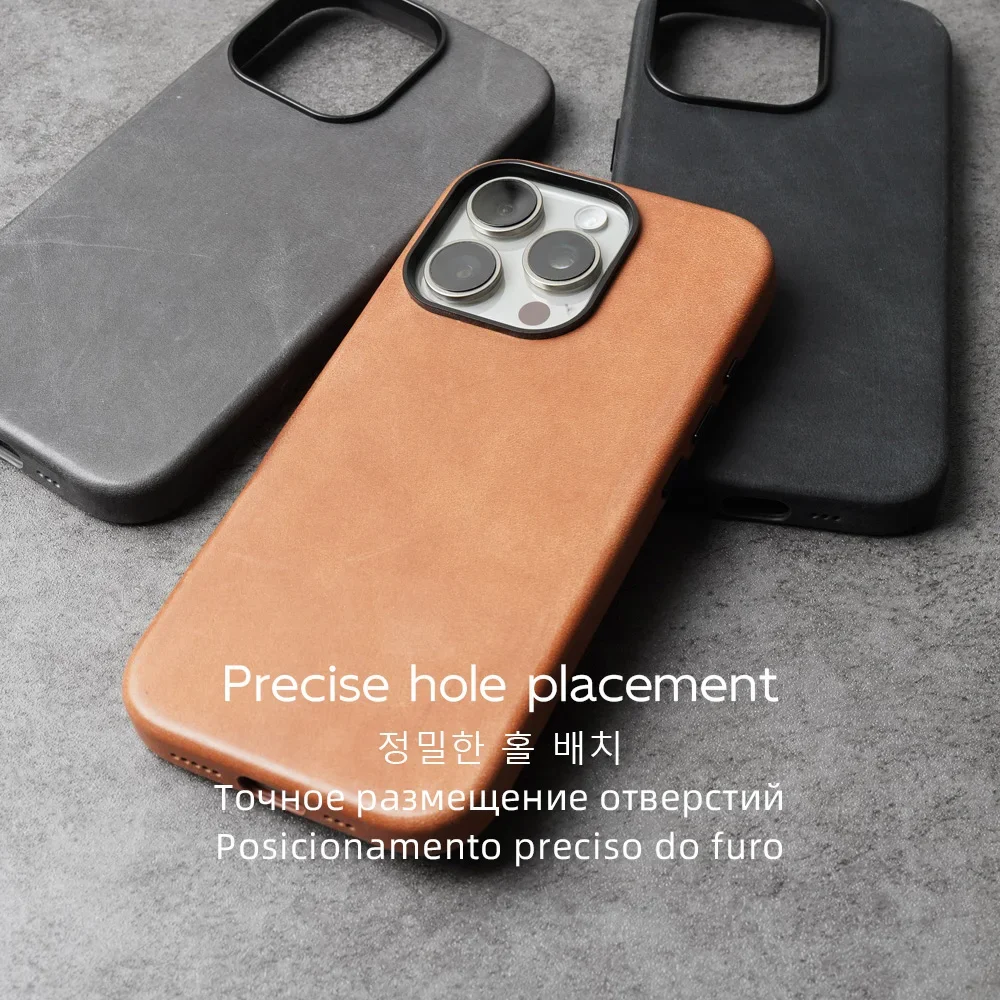 YMW Waxed Genuine Leather Case for iPhone 16 Pro Max 15 14 Magnetic Vegetable Tanned Cowhide Phone Cover