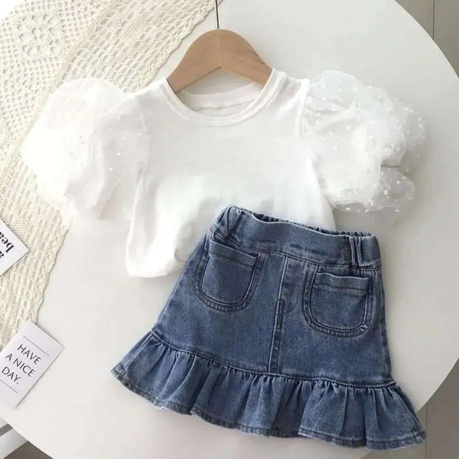 

Girls' denim Short Skirt Set Summer New Children's Baby Half Skirt Short Sleeve T-shirt 2-piece Set