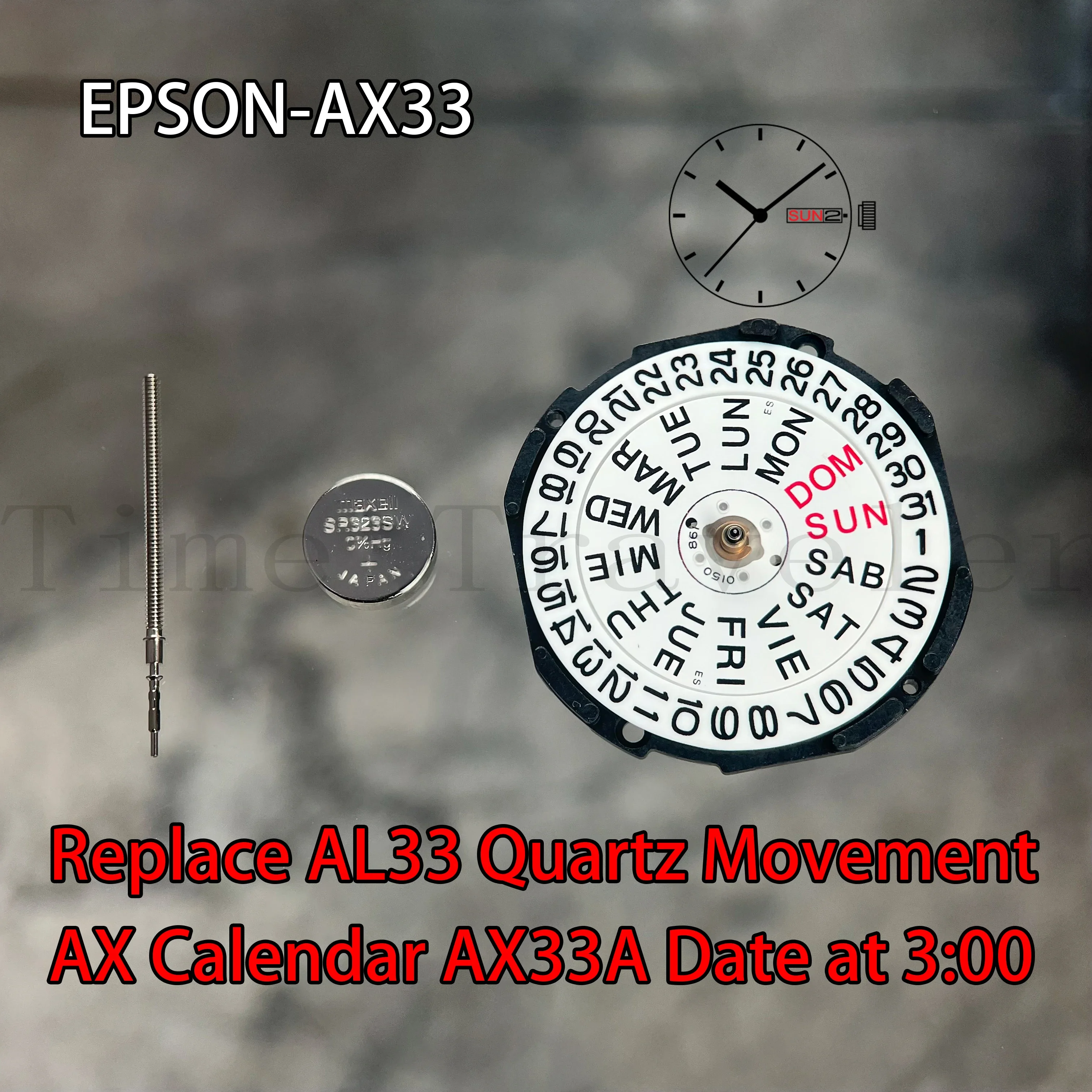 Epson AX33 Movement Japan Genuine AX Calendar Series AX33A Quartz Movement Size:10 1/2''' 3 Hands/Day/Date Replace AL33 Movement