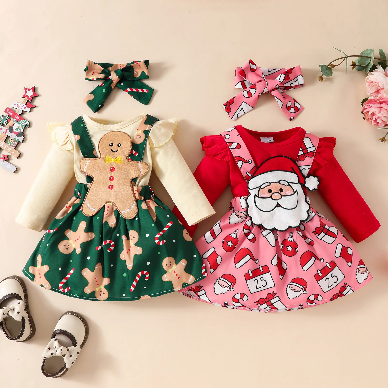 

2025 Baby Christmas long-sleeved top suspenders and skirts set, Santa Claus one-piece dress solid color Ha clothes