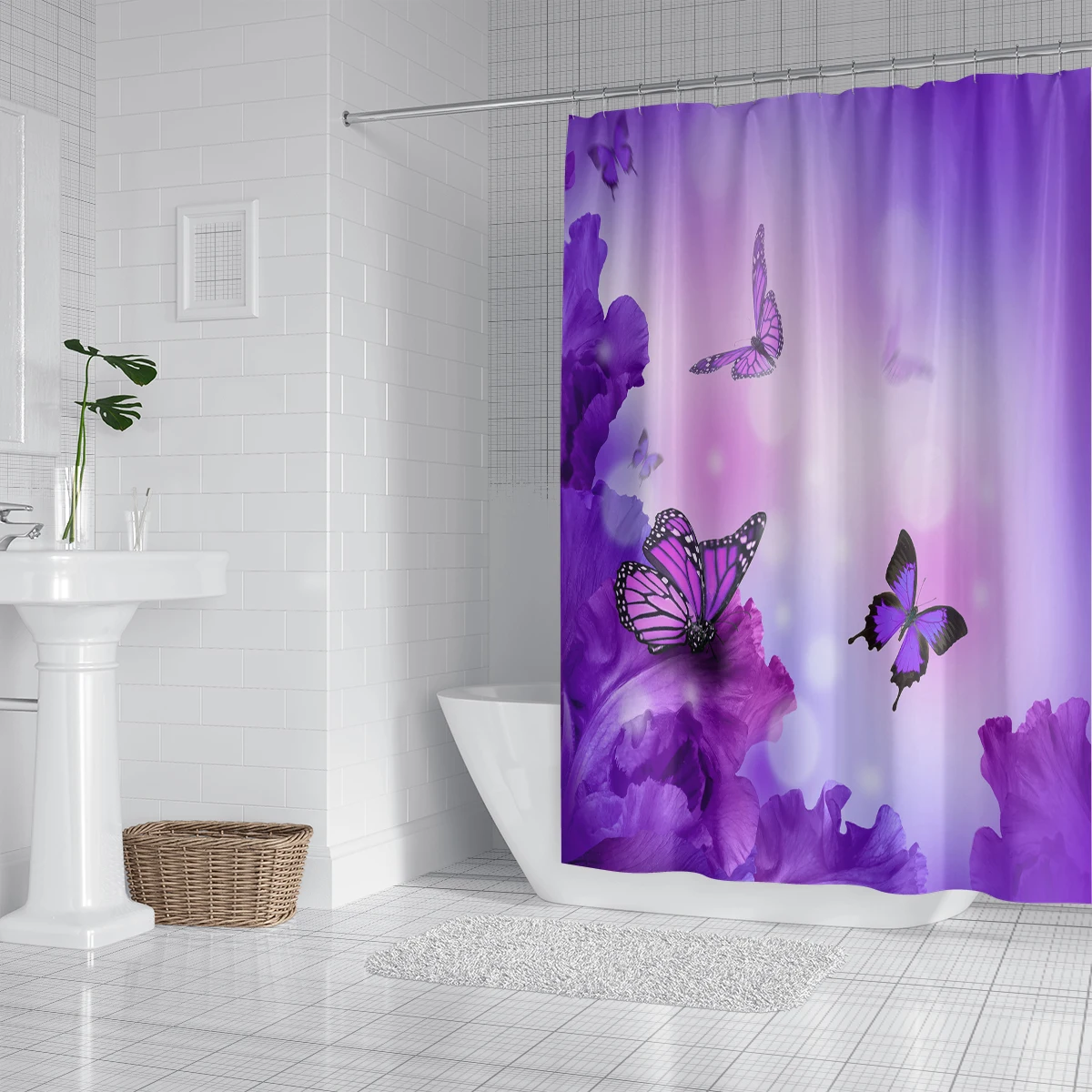 1 piece of 180x180cm purple dreamy butterfly flower print shower curtain partition, bathroom waterproof and mold resistant