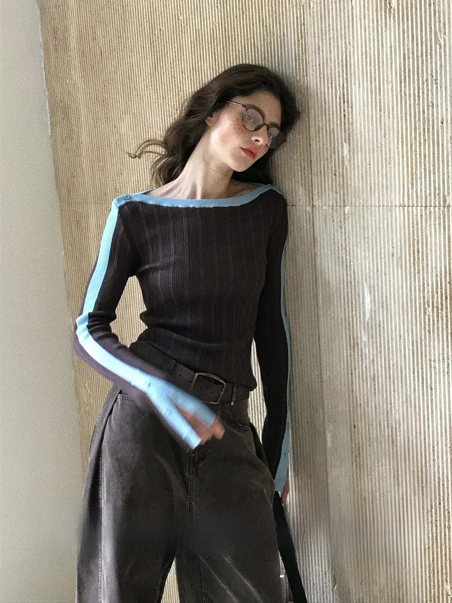 

Color Blo Knitted Long Sve Slim Fit Base Layer One oulder Split Casual Sle Women's Top Faionable Knitwear