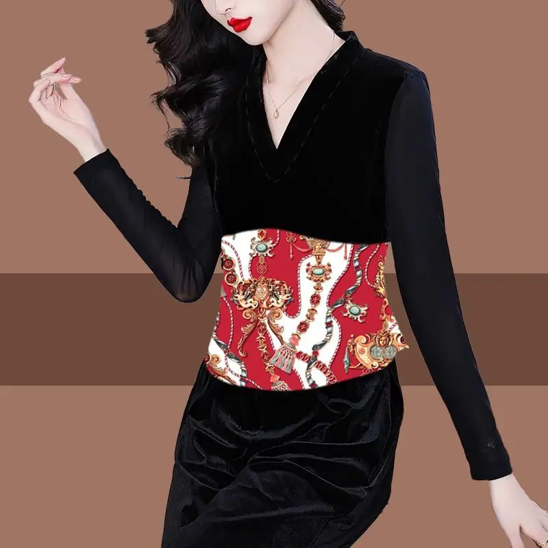 

Новая женская рубашка с v-образным вырезом и золотым бархатным принтом, тонкая базовая рубашка с длинными рукавами