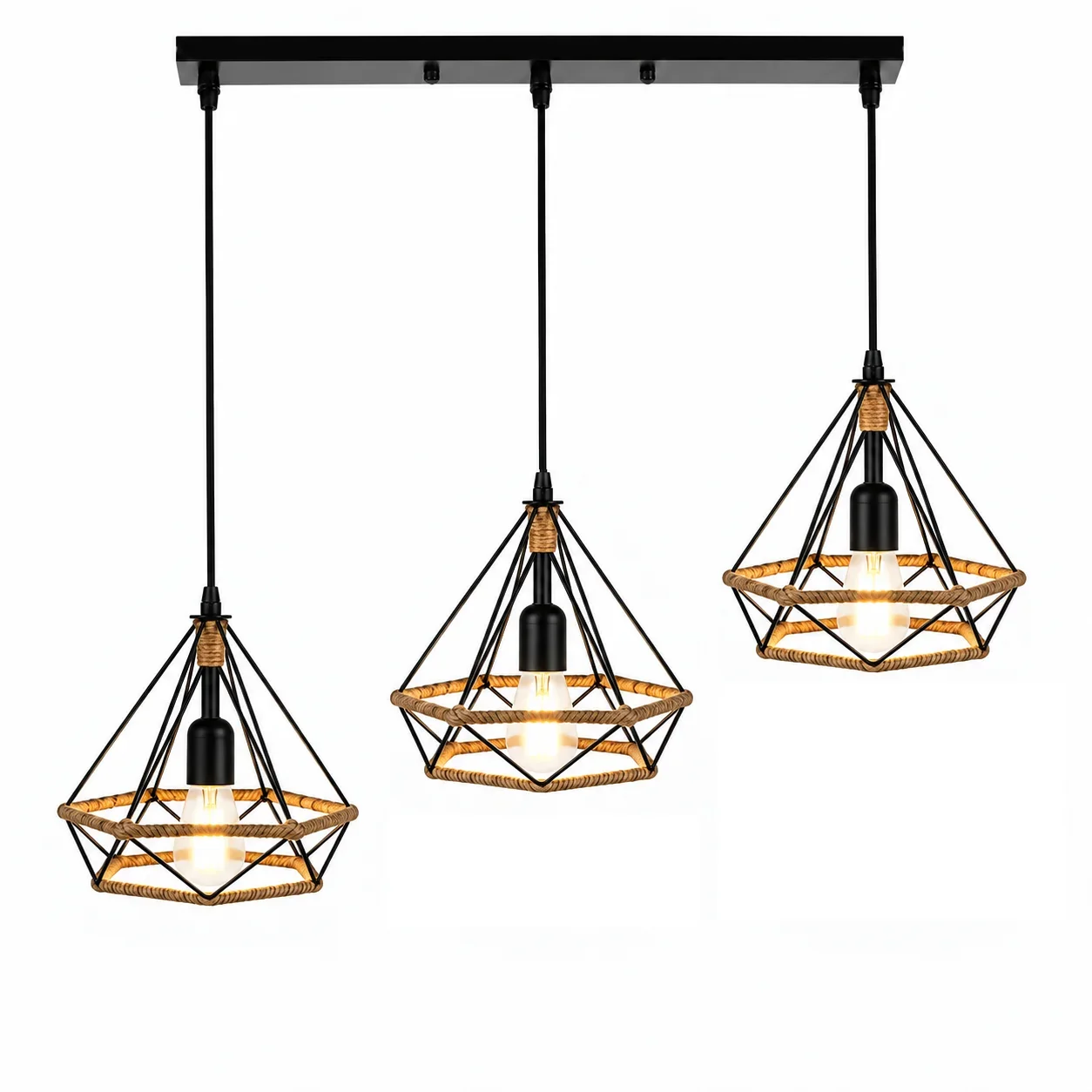 JOYINLED 3 Light Linear Pendant Light, Industrial Vintage Hemp Rope Chandelier, Geometric Cage Hanging Light for Kitchen Island