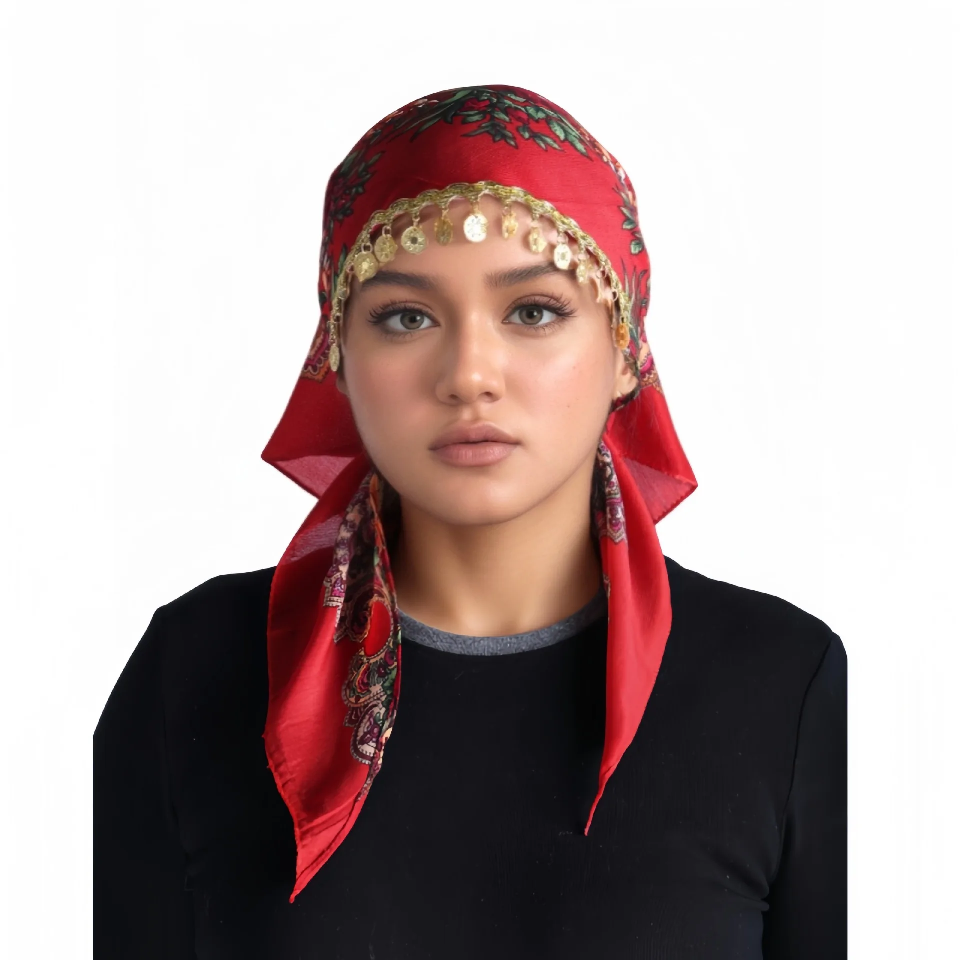 Sparkling Gold Pieces Tassel Hair Scarves for Women Luxury Floral Print Hijab Headband Scarf Female Bandana Head Wraps