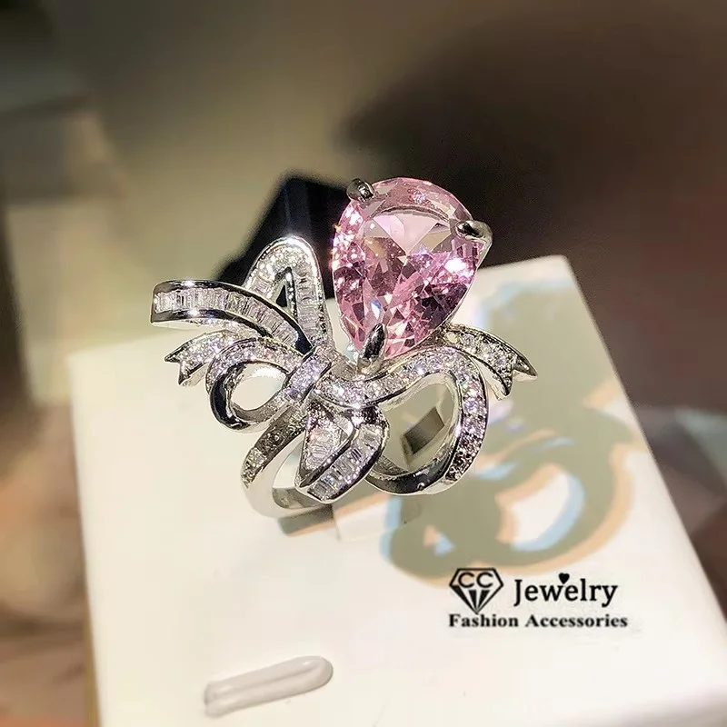 

CC блестящие розовые кольца для женщин, модные серебряные аксессуары для вечеринок, милый бант, открытый регулируемый размер, ювелирные изделия CC3028