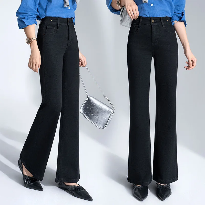 여성용 빈티지 플레어 진 봄과 가을 신상 하이웨이스트 스트레치 슬림핏 드레이프 벨바텀 블루 부츠컷 팬츠