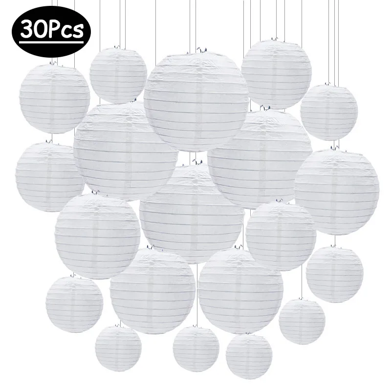 30Pcs/set White Paper Lanterns Chinese Hanging Round Lantern Lamp for Wedding Anniversary Birthday Party Decoration Christmas