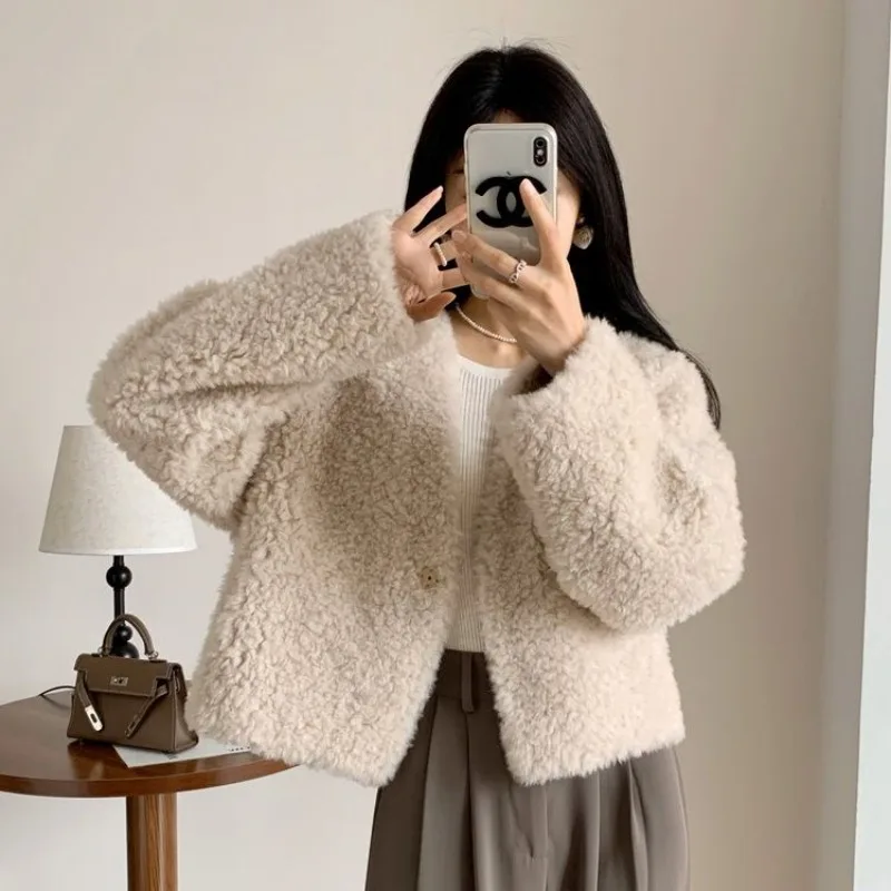 Women's Faux Fur Coat Fairy Fall Winter Coat Lamb's Wool Thicken Warm Short V-neck Simple Brand Fashion Harajuku Versatile