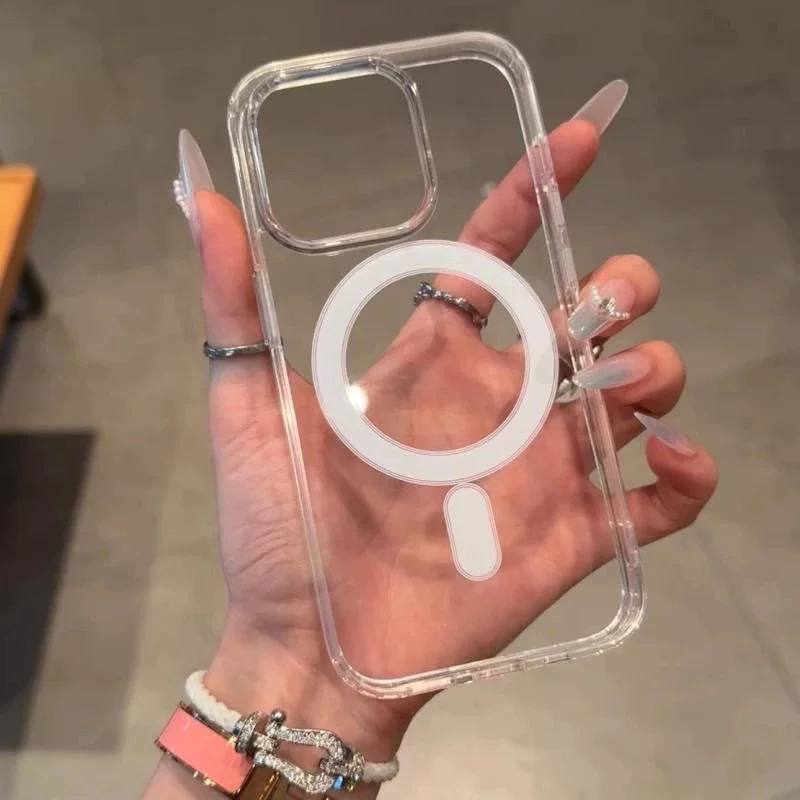 حافظة هاتف شحن لاسلكي لهاتف آيفون 17 16 15 14 13 12 11 Pro Max Plus شفافة لهاتف Magsafe غطاء سيليكون ناعم من الأكريليك المغناطيسي