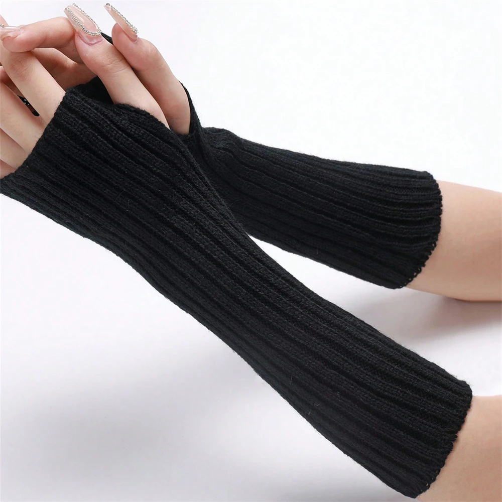 1 زوج المرأة قفازات طويلة بدون أصابع موضة معطف شتوي القفاز الذراع كم قفازات ناعمة عادية #6