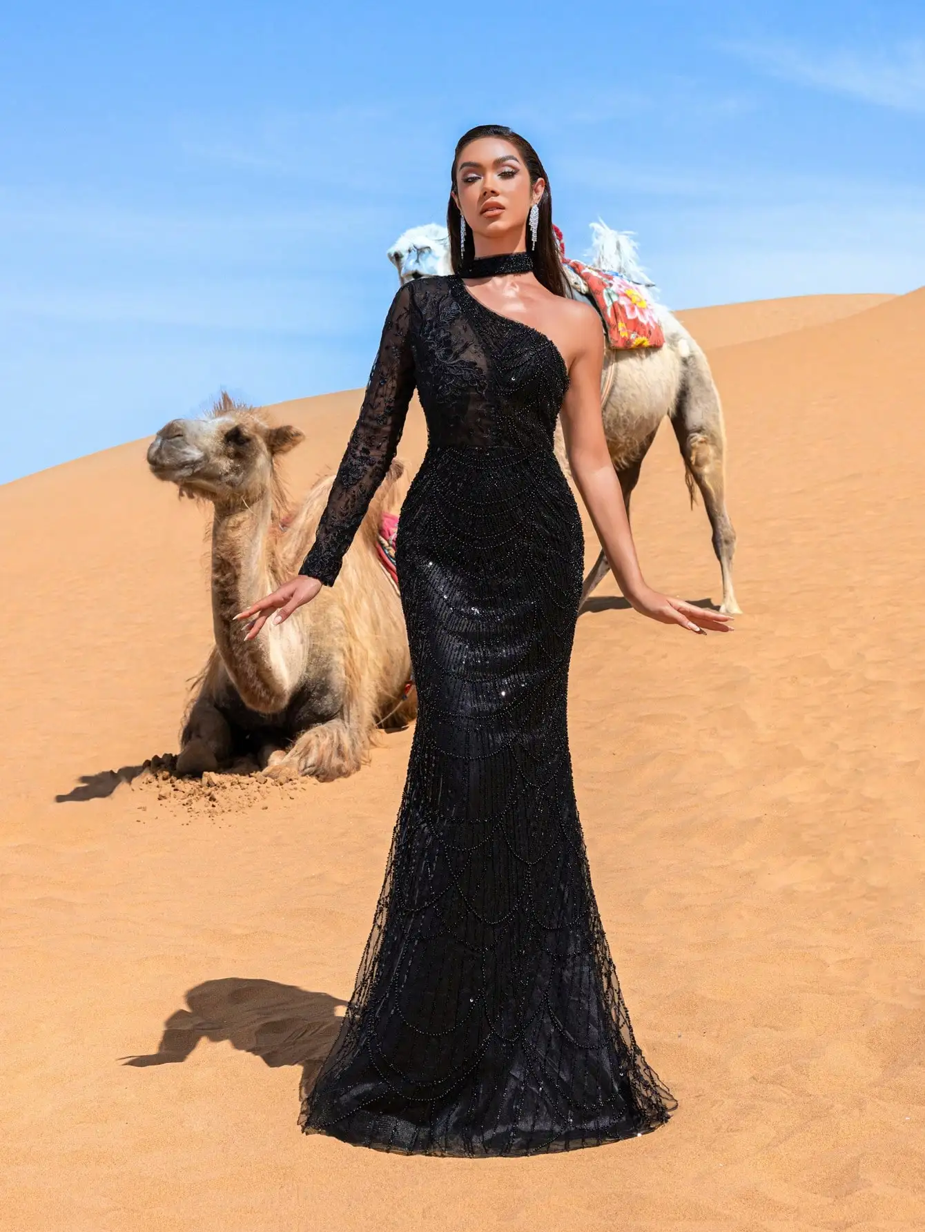 Haute Glamour Elegantes, perlenbesetztes One-Shoulder-Meerjungfrau-Abendkleid – taillierte Fischschwanz-Silhouette mit Hervorhebung der Kurven für Hochzeiten, G