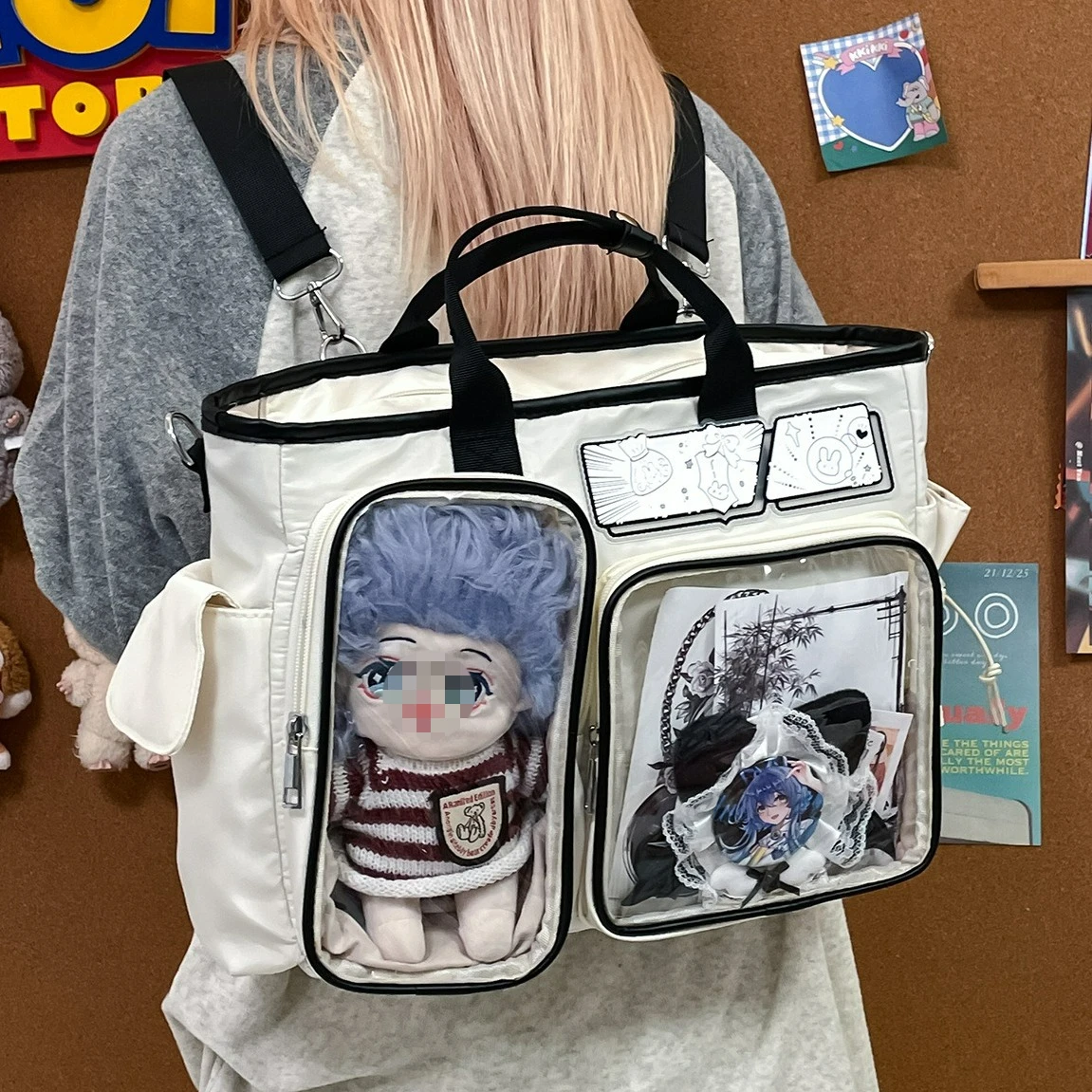 

Patchwork Japanese Cute Itabag Girl Large Capacity Tote Bag Transparent Pocket Lolita Backpack 20cm Doll Y2K Shoulder Bag Women