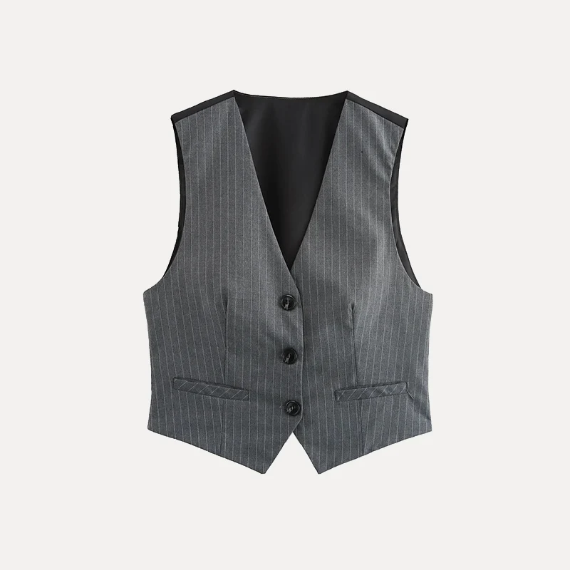 

2025 Spring New Women's Faion Versatile Single Button V-ne Svel ort Striped Vest Tank Top Polyester Fiber 00%