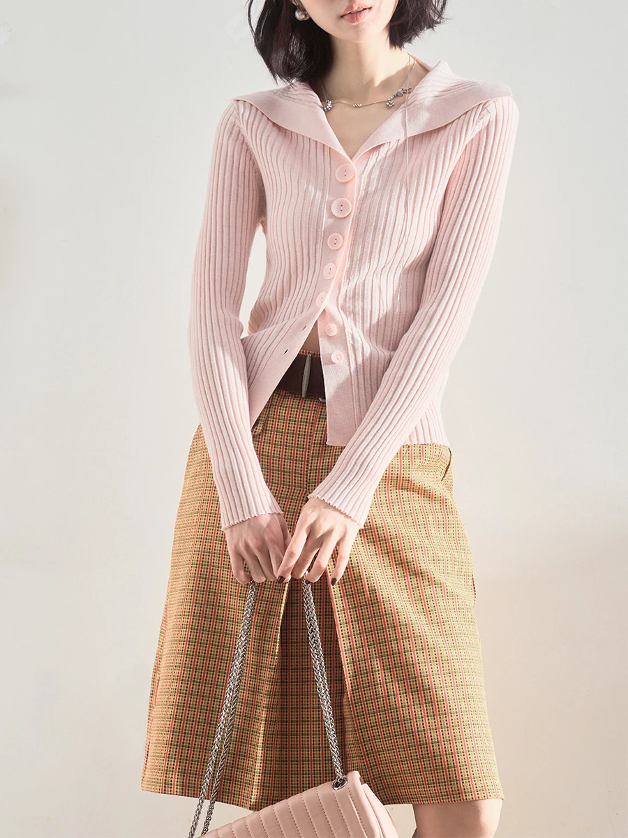 

Вязаный кардиган Liparpa с длинными рукавами, темно-синим воротником, приталенный, из полиэфирного волокна, женский, модный, весенний сезон