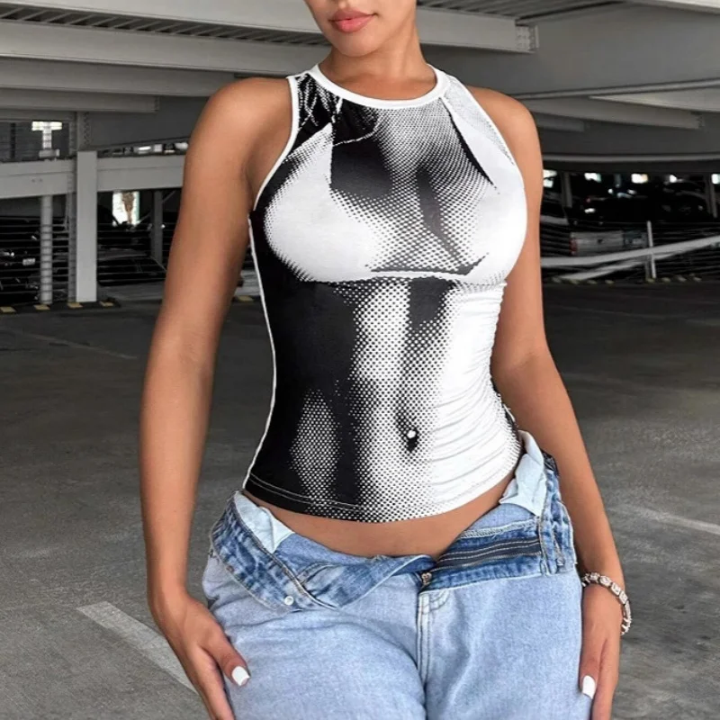 Damen Y2K Ärmelloses Neckholder-Tanktop mit 3D-Körperdruck, gerafftes Crop-Top, schmal geschnittenes ärmelloses Oberteil mit Rundhalsausschnitt, Streetwear Gothic Cropped