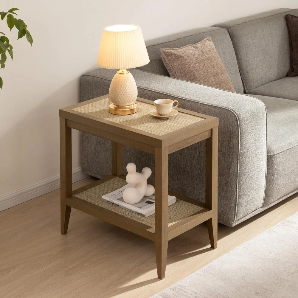 SICOTAS Rattan Night Stand Bedside Table - Farmhouse Boho Narrow End Table for Living Room - Accent Side Table with 2 Rattan Ope
