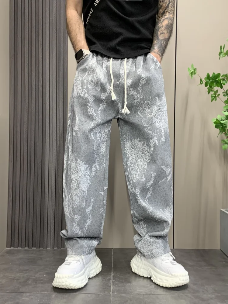 Men's Summer New Vintage High-End Straight Floral Loose Personal Style Trendy Casual Pants Autumn Winter Fashion Y2k Trousers
