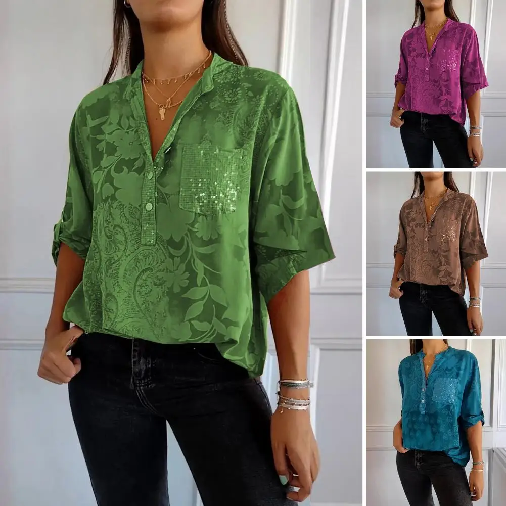 Stretchy Shirt Stylish Women's V-neck Lapel Half Sleeve Shirt with Sequins Patch Pocket Casual Loose Fit Summer Top for Women