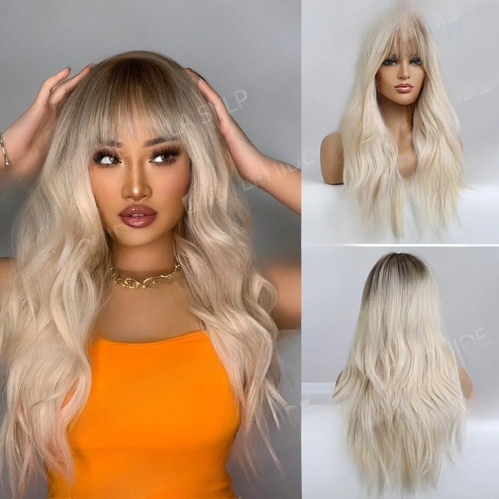 

European and American new brown gradual change platinum long curly bangs women Hair mechanism chemical fiber Wigs