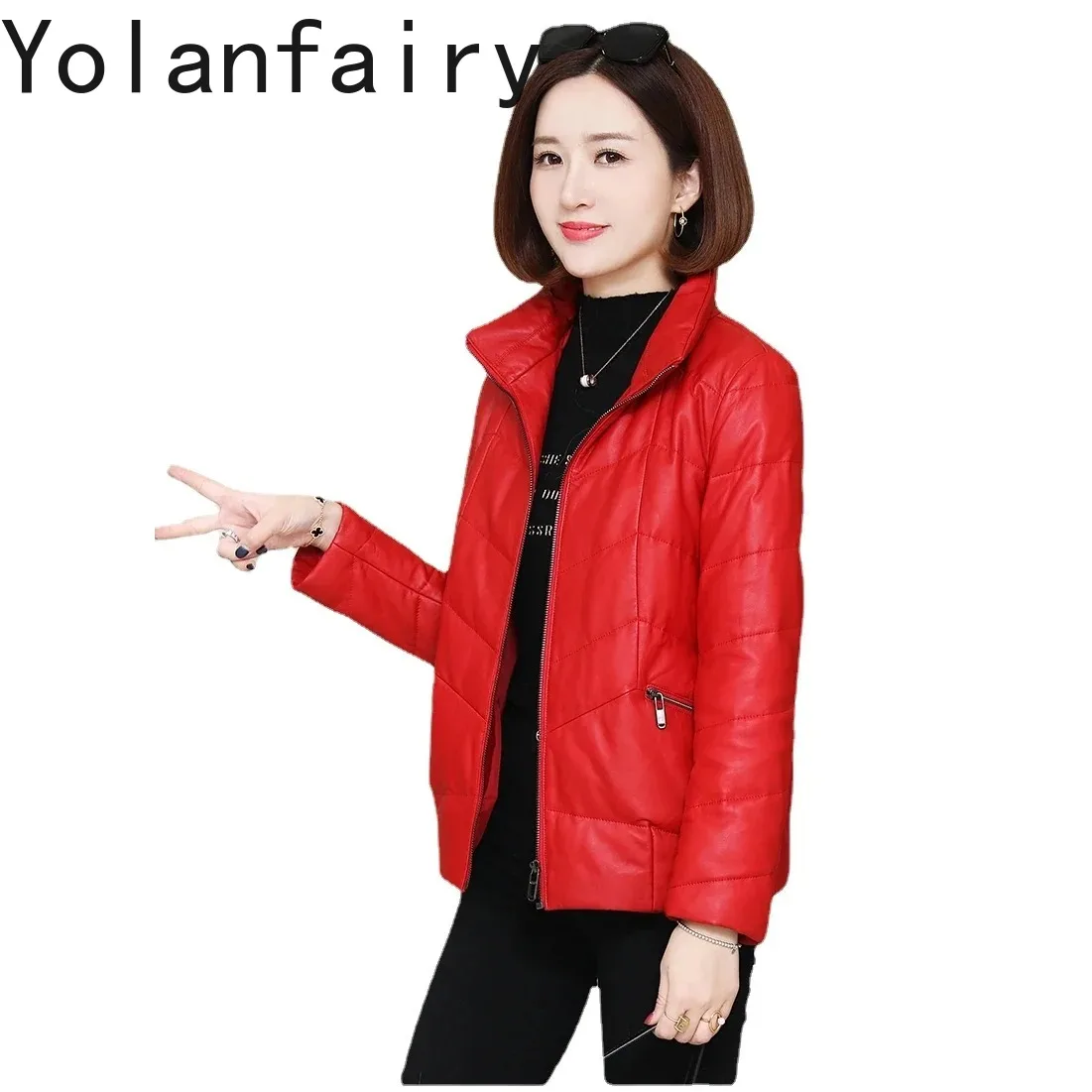YOLANFAIRY Frauen Leder Jacke Koreanische Echt Schaffell Mantel Warme Weiße Ente Unten Mäntel Jacke koreanische Damen Kleidung Cuero Genuino