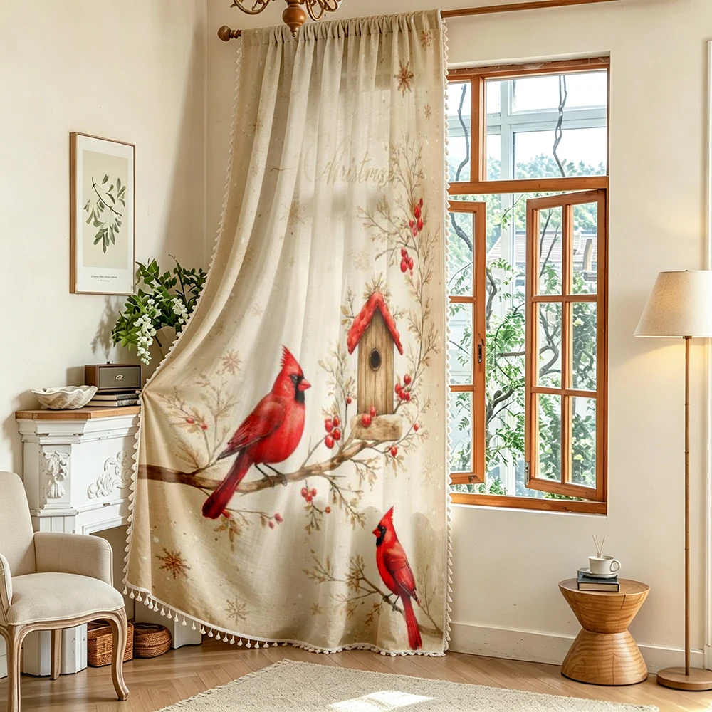 1PC Christmas Tassel Sheer Curtains, Cardinal Birdhouse Snowflake Pattern, Digital Print, Linen Polyester, Living Room Decor