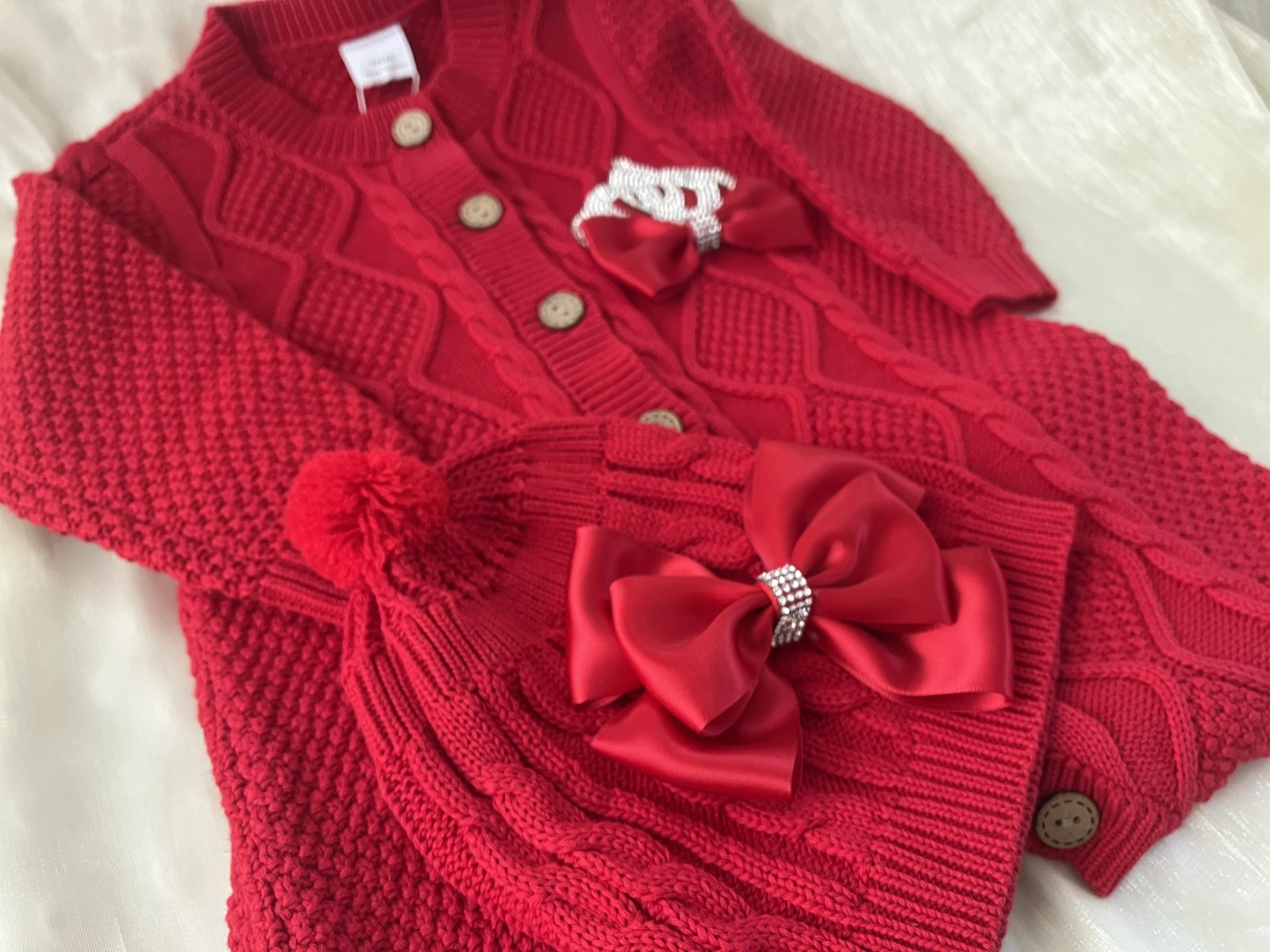 Dollbling Clothing Welcome Home Baby Photography Wedding Outfit Christmas Red Gift Box Bling Crown Crochet Romper Bonnet Set