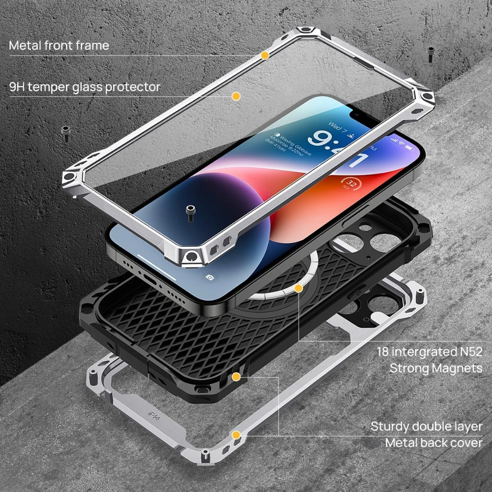 For iPhone 15 Plus 14 Pro Max Heavy Duty Shockproof Metal Magnetic Phone Case With Lens Stand Screen Protector Magsafe Charging