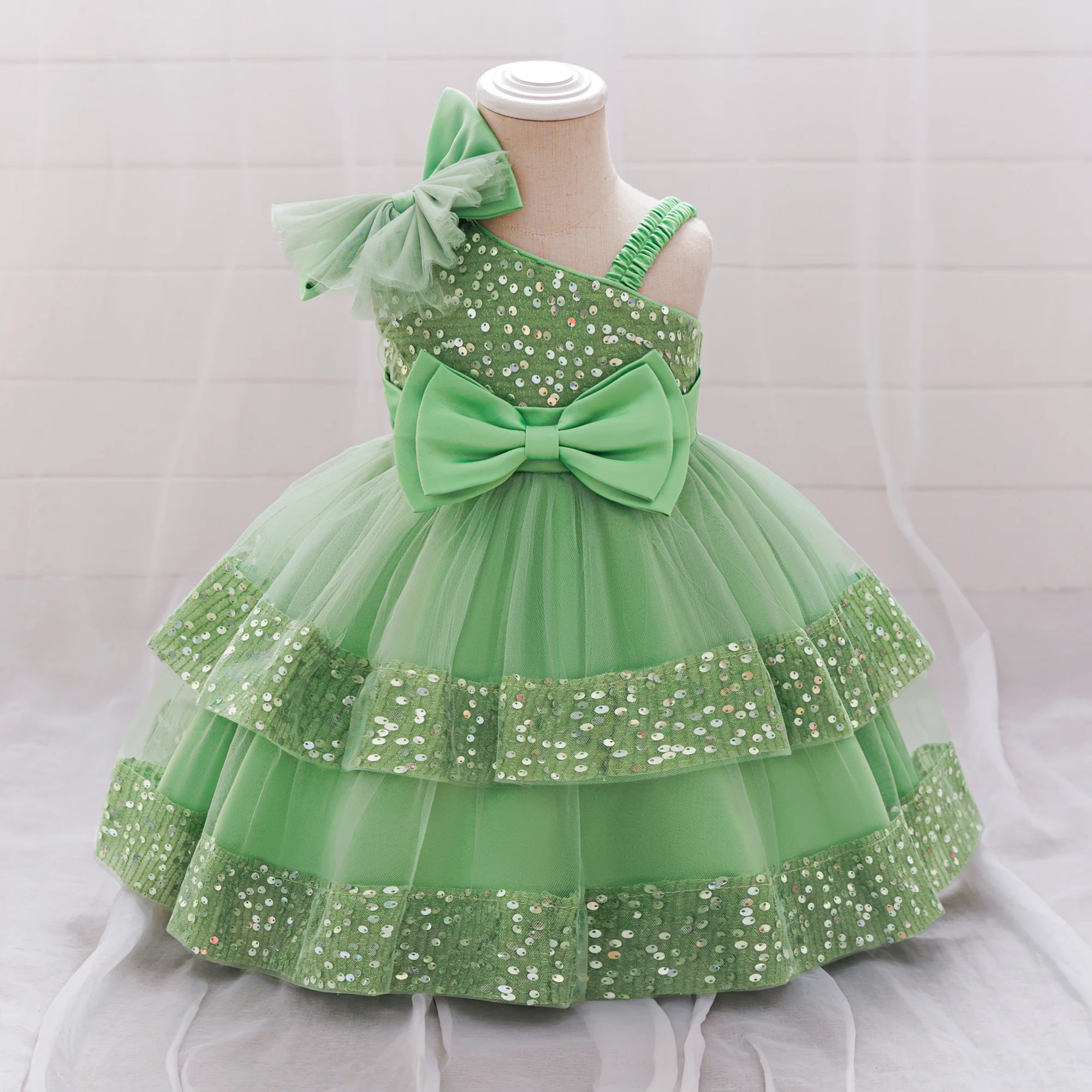 

Toddler Sequins Bow Party Girls Dress Elegant Tulle Bridesmaids Princess Prom Gown Bow 1-3 Yrs Birthday Wedding Baby Girls Dress