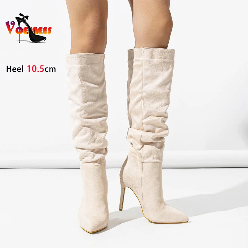 Long Boots Women Pointed Toe Party Shoes 2024 New Pleated Woman Knee-High Boots 10.5CM Pink Suede Slip On Thin Heels Botas Mujer