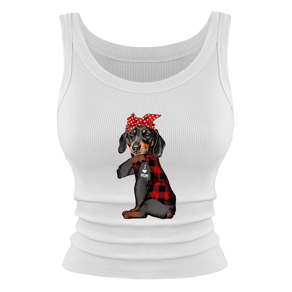 

Женские базовые майки с круглым вырезом и принтом «Bow Dog I Love Mom», летние эластичные хлопковые майки, повседневные мягкие топы облегающего кроя