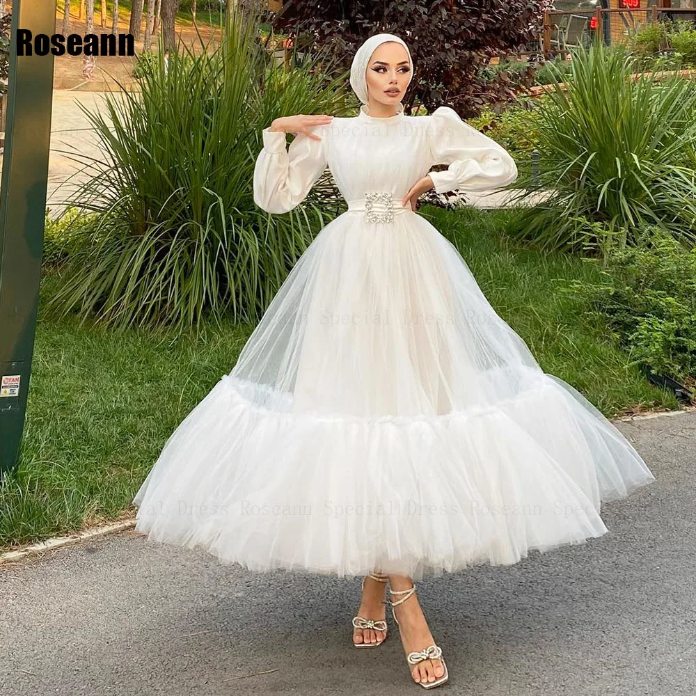 Robes de mariée A-Line à col haut en tulle drapé, robe de mariée pleine longueur, plis exquis, musulman, nouveau, 2024