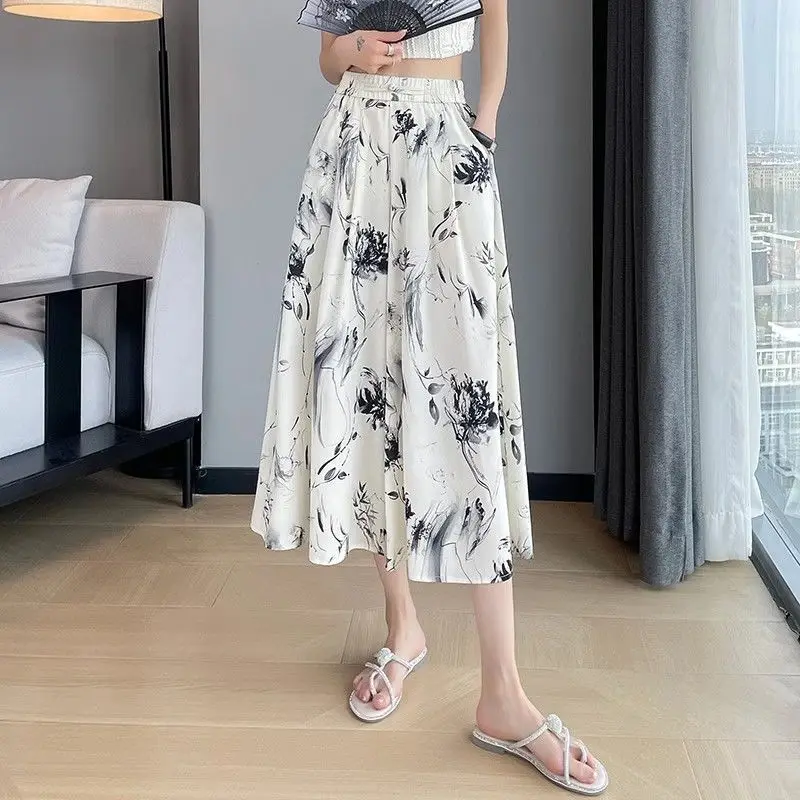 All Match Retro Fashion Wide Leg Pants Skirt Summer New Item Thin Ice Silk Chiffon High Waist Slim Fit Casual Pants