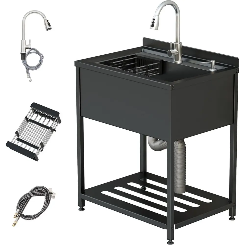 

Stainless Steel Utility Sink, 30.8" × 22" × 39.5"Freestanding Sink with Cold and Hot Water Faucet,Hoses and Drain Kit for Kitche