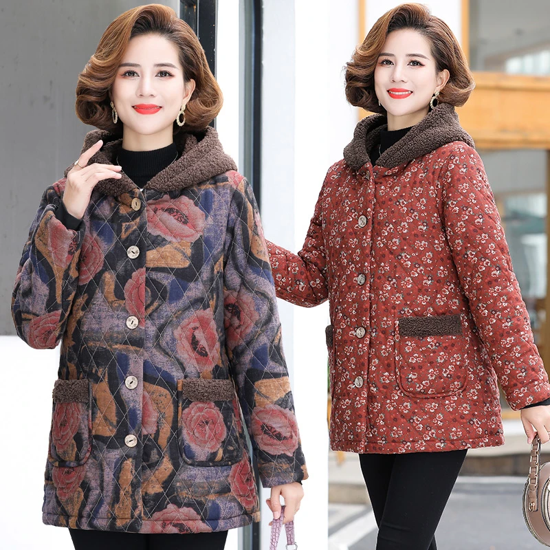 

Winter Women parka Mother Clothing Floral fleece hooded Jacket Winter Lady Thick Warm Jacket coat