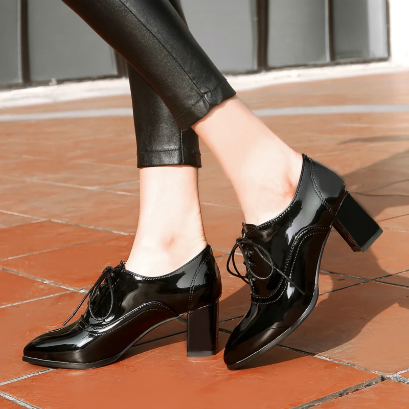 Elegant Spring Fashion Pumps Women Ankle Boots Block Heels Oxford Shoes Casual PU Leather Black Red Loafer Shoe Lady Big Size 50