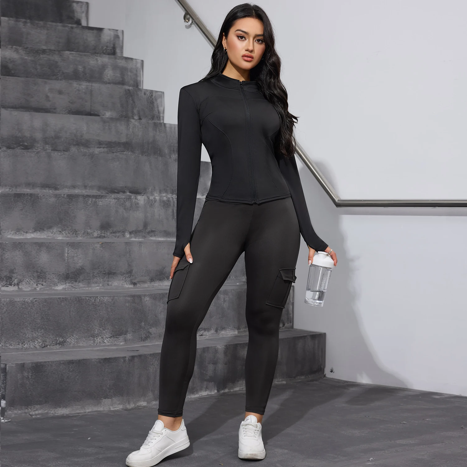 CHRLEISURE 2PCS Yoga Suit Slim Long Sleeved Workout Sweatshirts with Work Pocket Leggings Casual Activewear