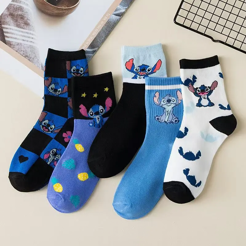 5Pairs Unisex Mid‑calf Socks Four Seasons Color Blocked Striped Fashion Cartoon Pattern Versatile Soft Casual Breathable Socks