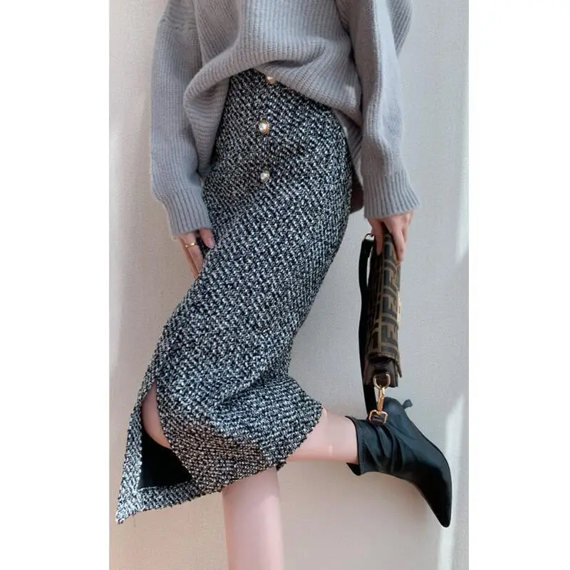 Xiaoxiangfeng Coarse Woolen Skirt for Women's Autumn and Winter New Style High Waist Versatile Hip Hugging A-line Mid Length