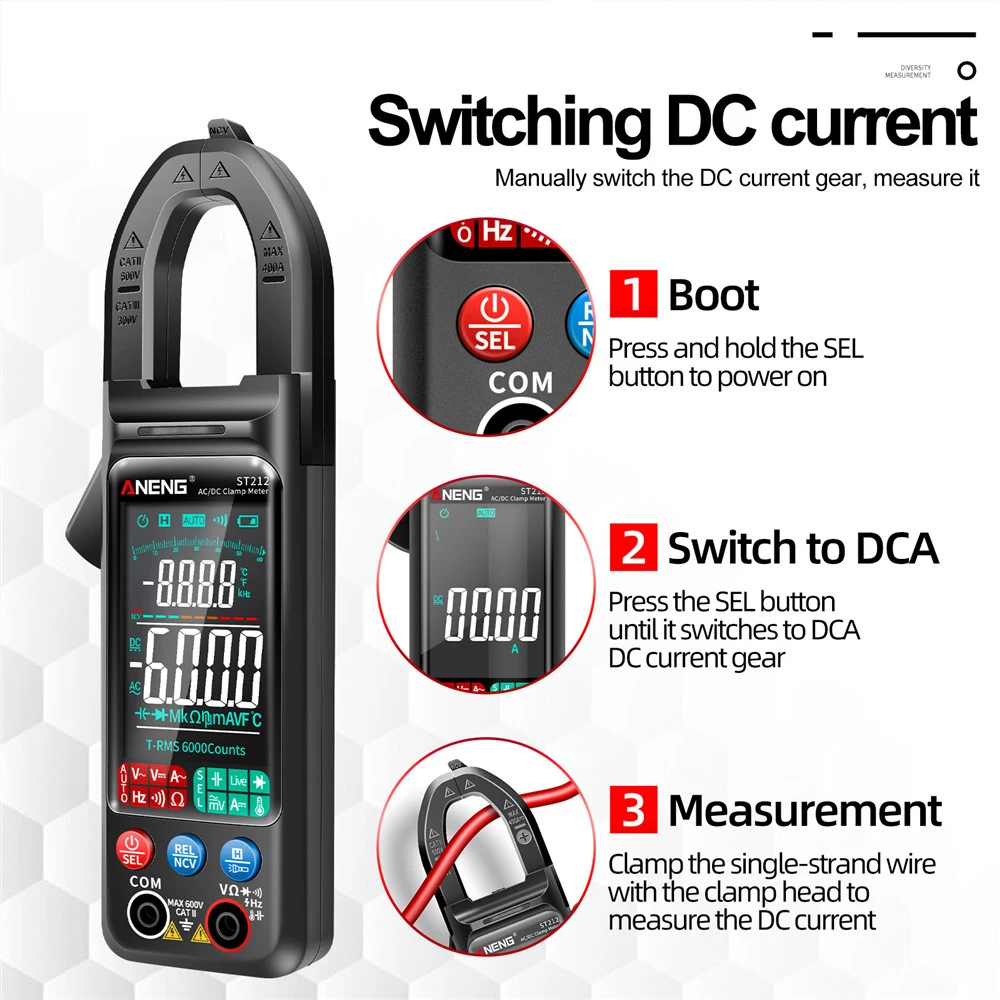 ST212 PRO DC/AC Current Digital Clamp Meter 6000 Counts 400A Amp Multimeter Large Color Screen Hz NCV Ohm Voltage Tester