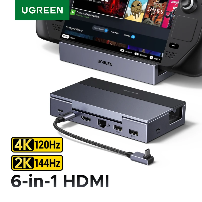 UGREEN 4K120Hz USB C HUB Steam Deck Docking Station 6-in-1 Type-C to HDMI 5Gbps USB-A/C PD100W 1000Mbps RJ45 for ROG Ally Legion