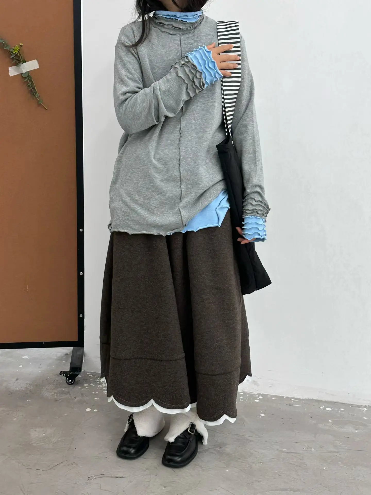 

Artistic Vintage Japanese Sle High Waist A-Line Skirt with Lace Trim Versatile Wool Blend Women's Casual Skirt