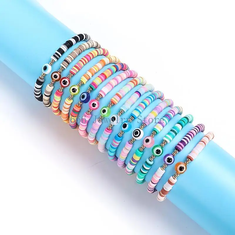 F2TD 12Colors Bohemian Beaded Bracelets Soft Pottery Bead Bracelets Turkish for Evil Eye Bracelets Summer Bracelets Jewelry