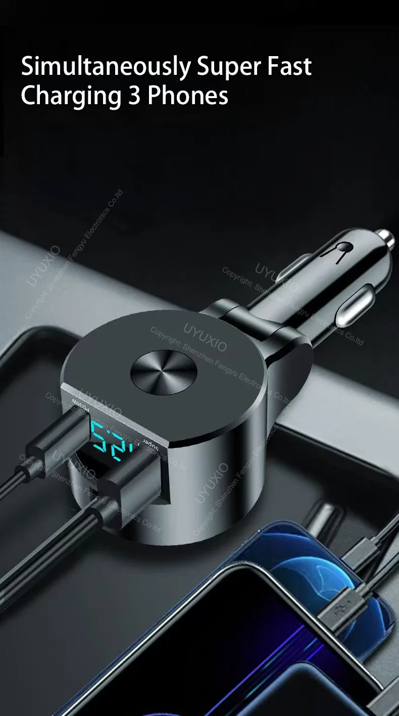 USB C Car Charger 65W Super Fast Charge with Voltage Display PD 30W Retractable Type C Cable for iPhone 16 Pro Max 15 Samsung
