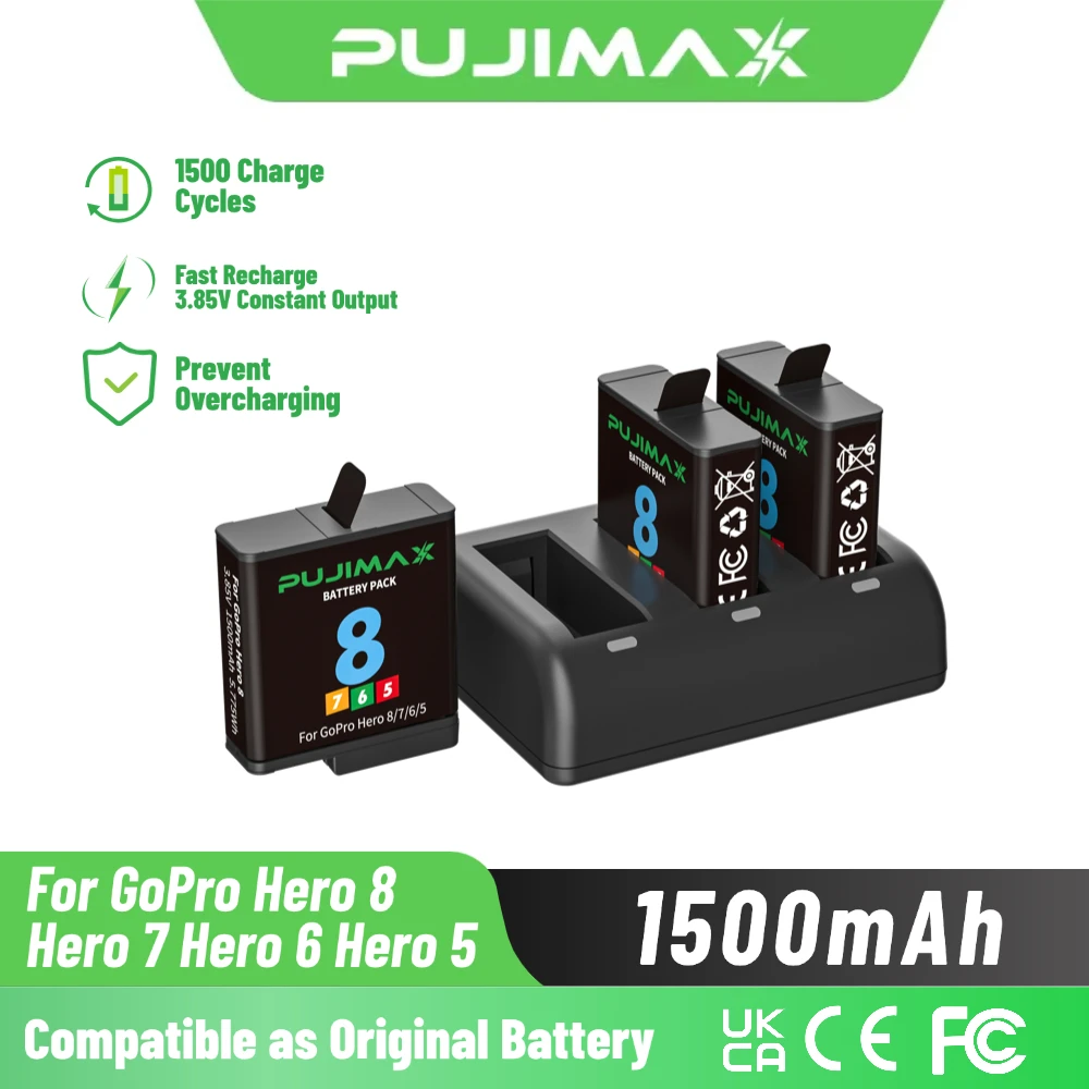 PUJIMAX 1500mAh 3.85V Rechargeable Battery Pack for GoPro Hero 8/7/6/5 Action Camera Lithium Battery Storage Charger Accessories
