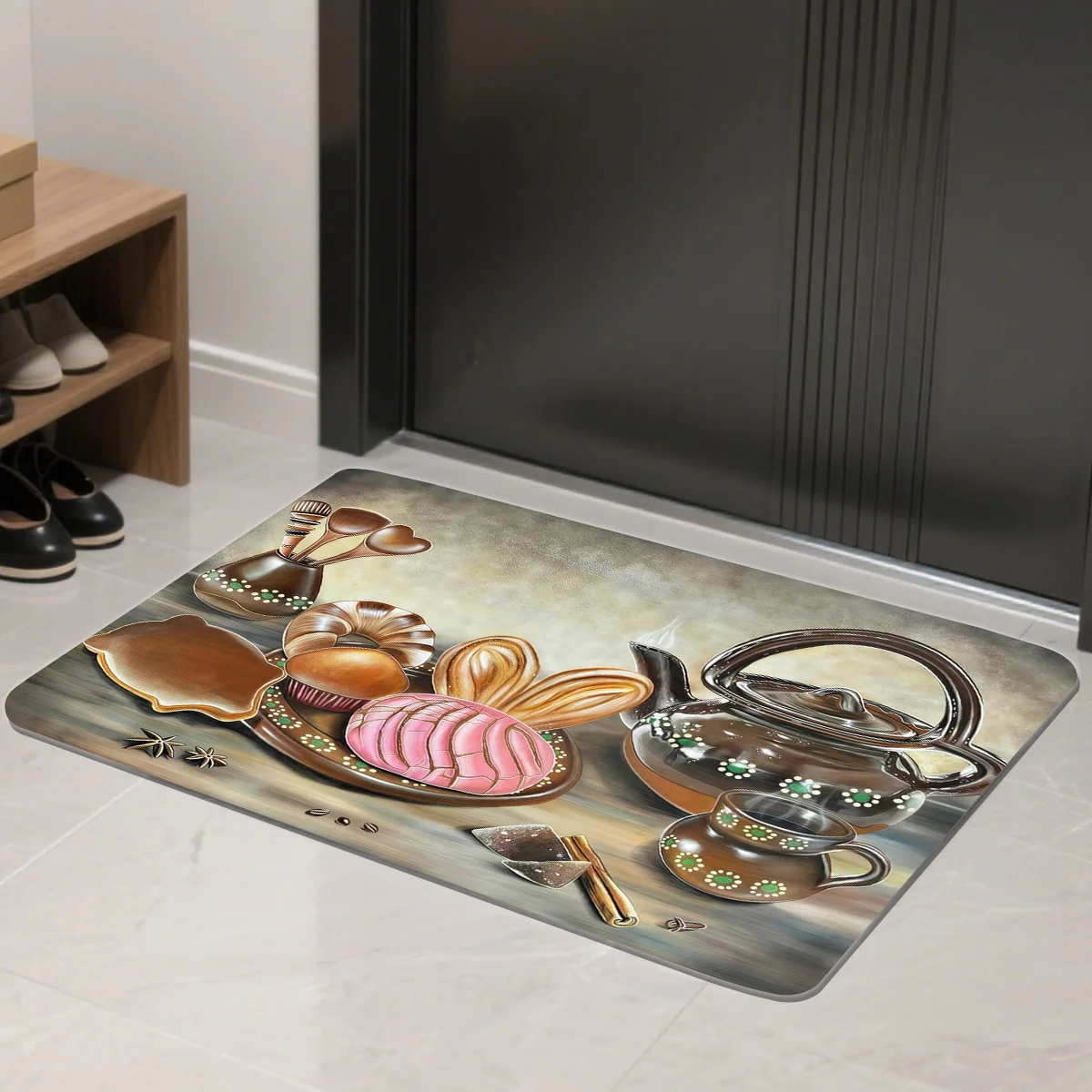 Vintage Tea Set Doormat, Retro Kitchen Entrance Rug, Afternoon Tea Floor Mat, Non-Slip Home Decor for Entryway & Dining Room