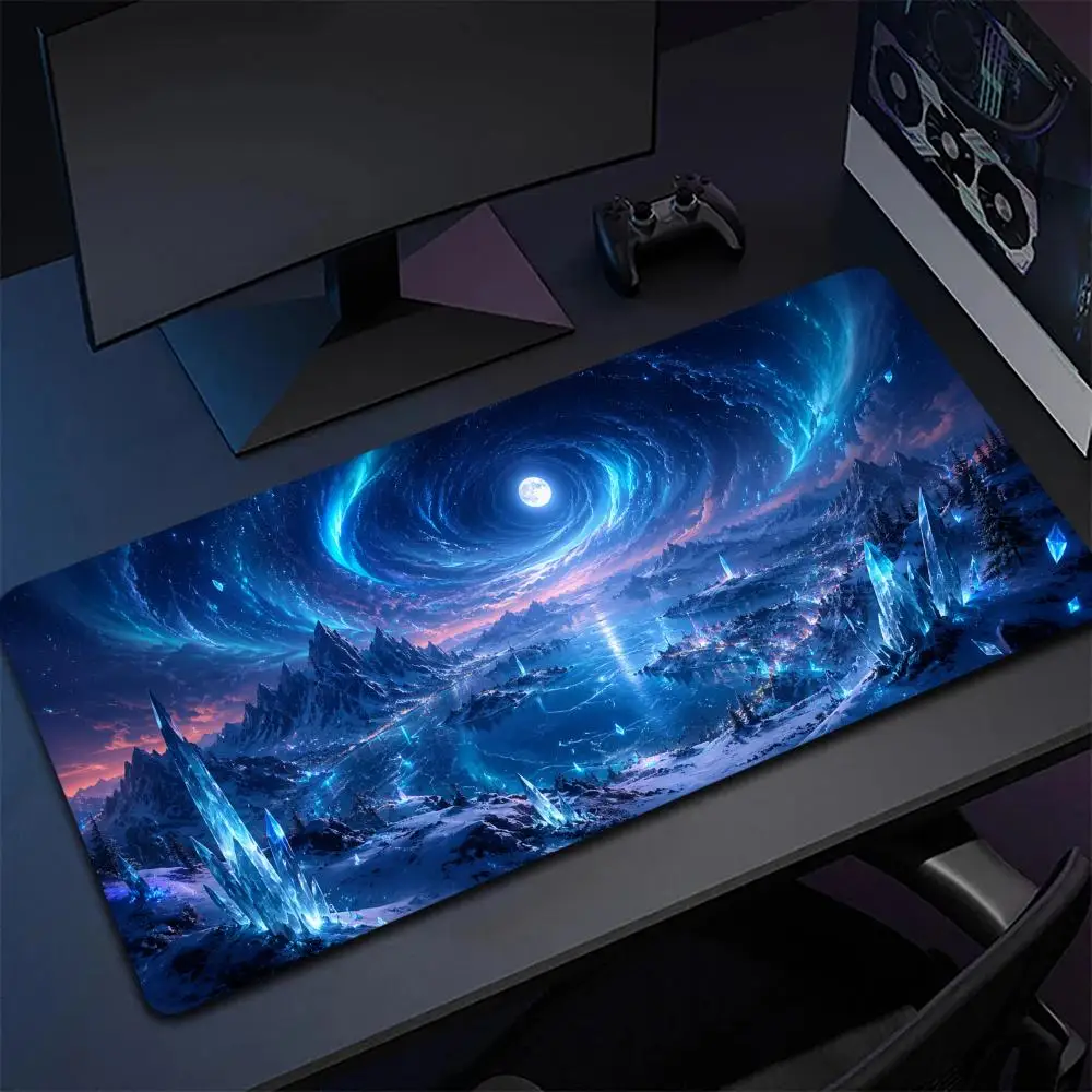 Dreamy Blue Ice Giant Crystal Snow Range Calm Lake Full Moon  Oversized Anti-Slip Extended Gaming Desk Keyboard Mouse Pad