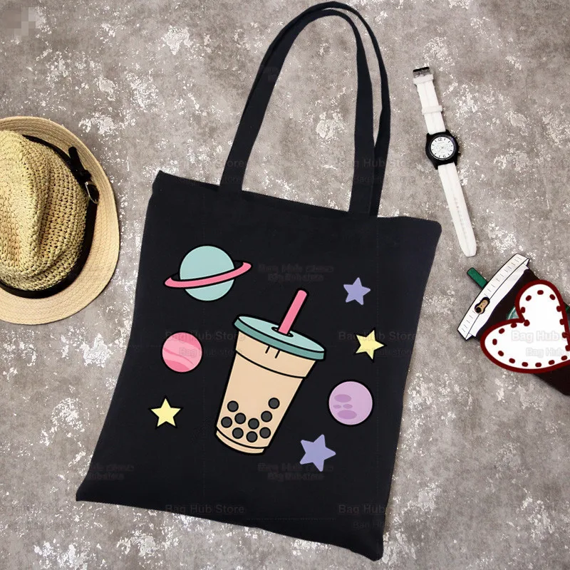 Boba Milk Tea Canvas Black Shopping Cartoon Cute Tote Bag Reusable Shoulder Bubble Tea Cloth Book Bag Gift Handbag