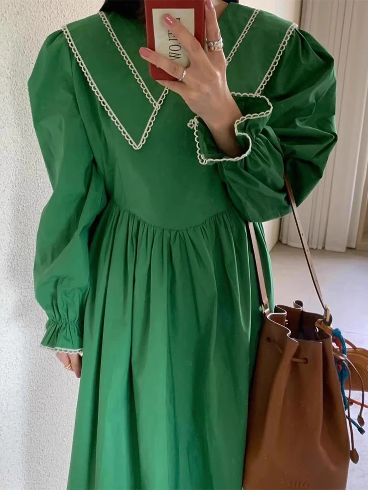 

Chic Vintage Double Layer Ruffle Collar Loose Long Sve Dr Women's High Waist Korean Sle Commute Autumn Long Dr