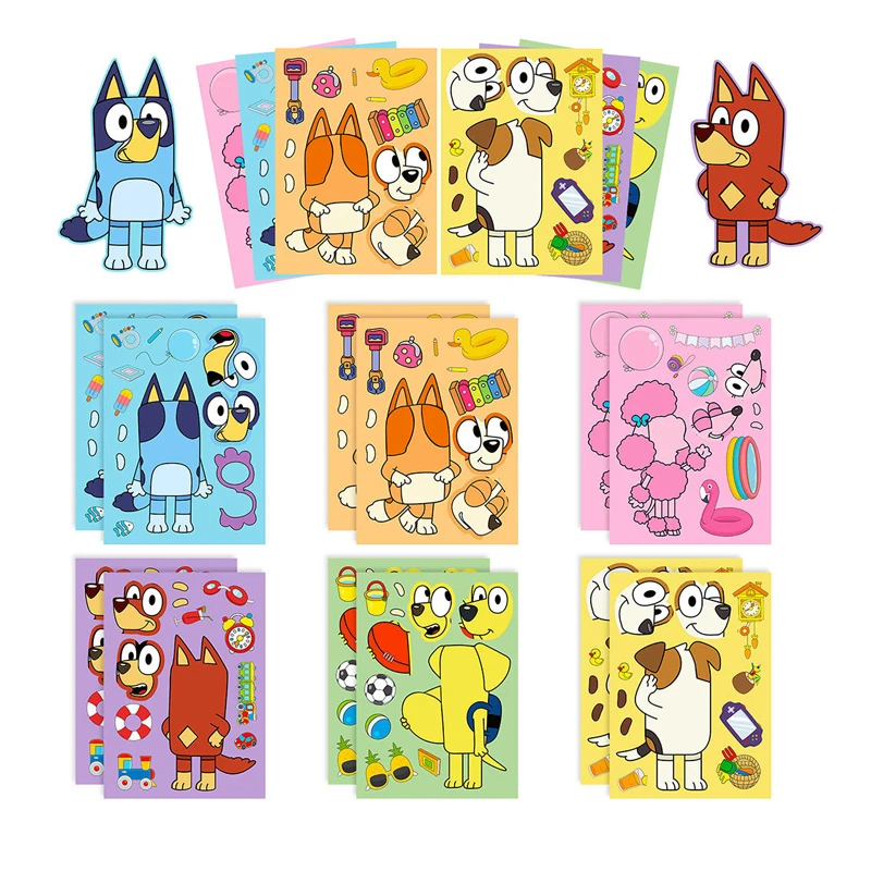 6pcs/set Bluey Anime Cartoon Dog Puzzle Stickers Cute Children DIY Color Puzzle Education Stickers Kids Toys Gifts